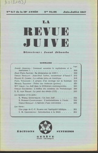 La Revue Juive de Genève. Vol. 10 n° 6-7 fasc. 94-95 (juin-juillet 1947)